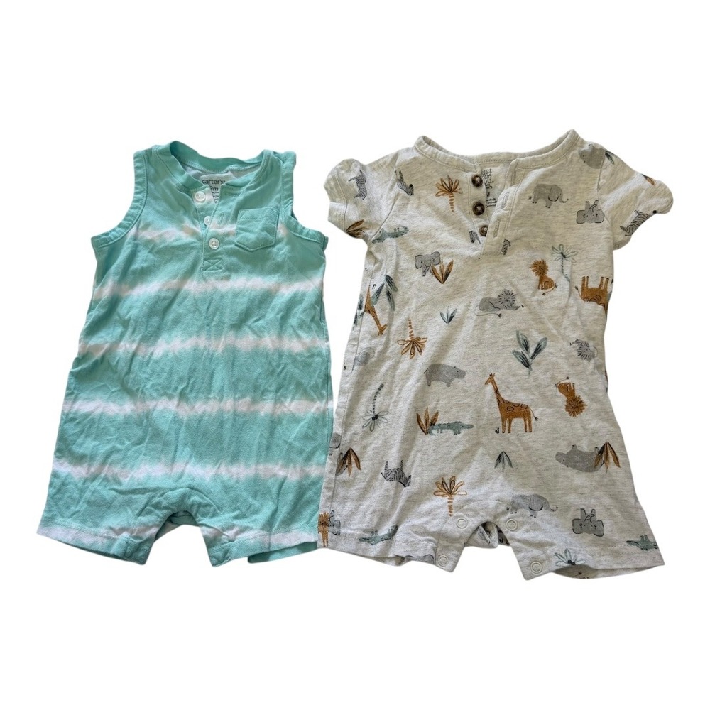 Carter's Romper Set Kids 9M Safari Animal Print Tie Dye Teal Grey Cotton 2pc